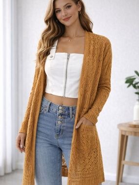 Moral Fiber Mustard Long Open-Front Knit Cardigan